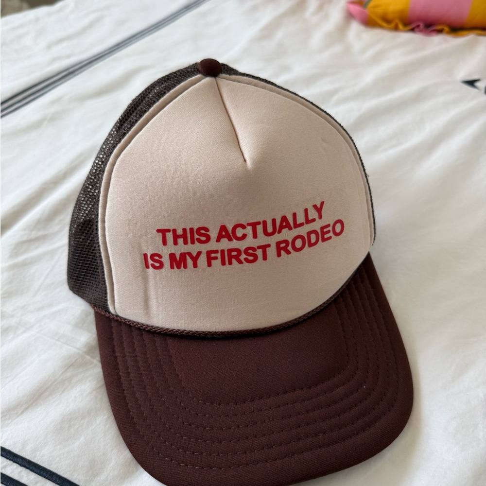 Brown and Cream Trucker Hat with Red Text